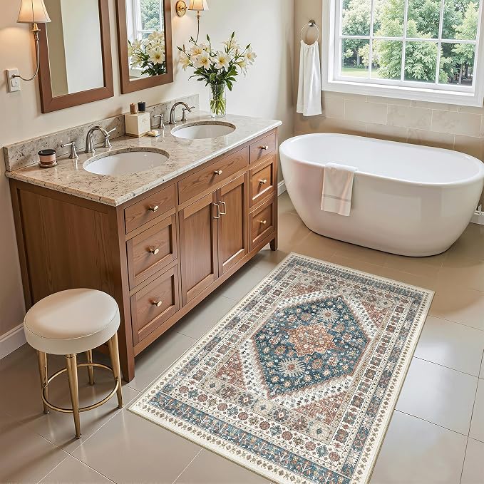 Madane Washable Area Rug 2x3 Small Entryway Rugs Non-Slip, Navy Blue | Vintage Stain-Resistant Door Mat Indoor Entrance, Low Pile Floor Carpet for Inside Front Bedroom Kitchen Entry Laundry, Stair