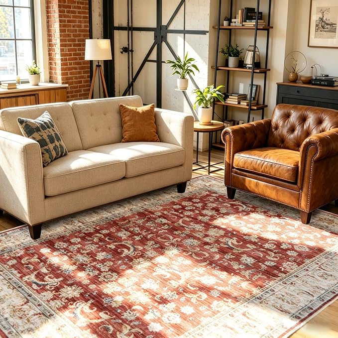 5x7 Washable Rug for Living Room, Non Slip Carpet for Bedroom | Soft faux wool, machine washable & stain resistant. Non-slip rubber backing, low pile. For living room, bedroom, office.Red.