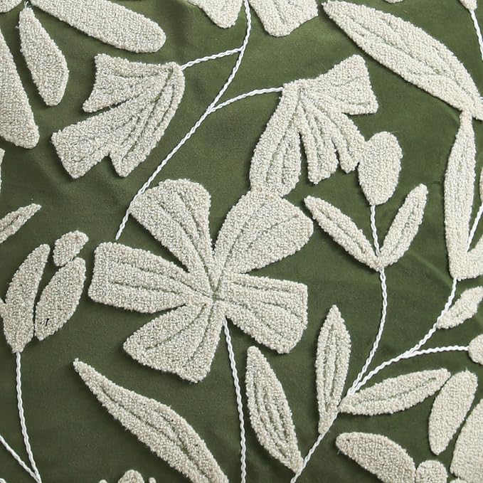 BlissBlush Decorative Throw Pillow Cover 20x20 Inch, Olive Green Floral Tufted Velvet Accent Pillow Case for Sofa Bed Living Room, Cover Only