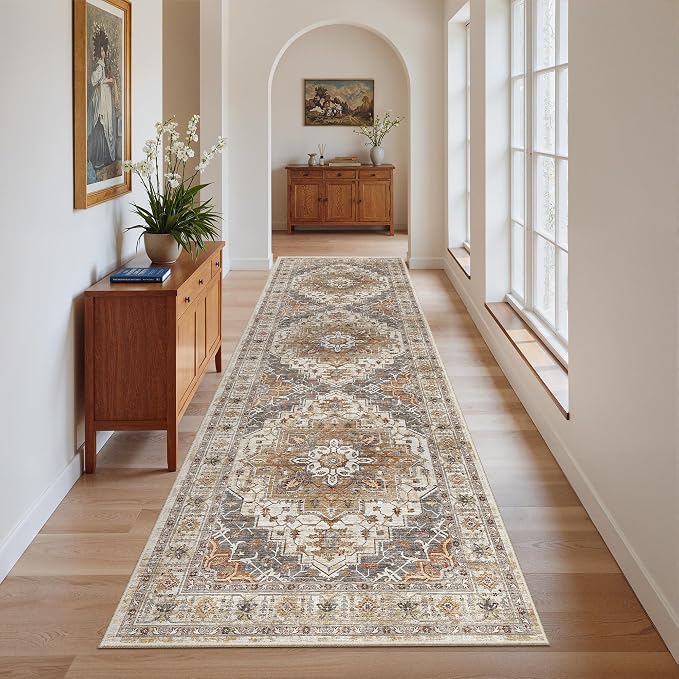 Madane Kitchen Runner 2'6''x8' Soft Rug Runners for Hallways, Turmeric/Grey | Vintage Machine Washable Rugs 2.5x8 Ft, Non-Slip Low Pile Stain-Resistant 8ft Floor Carpet for Laundry Room, Corridor