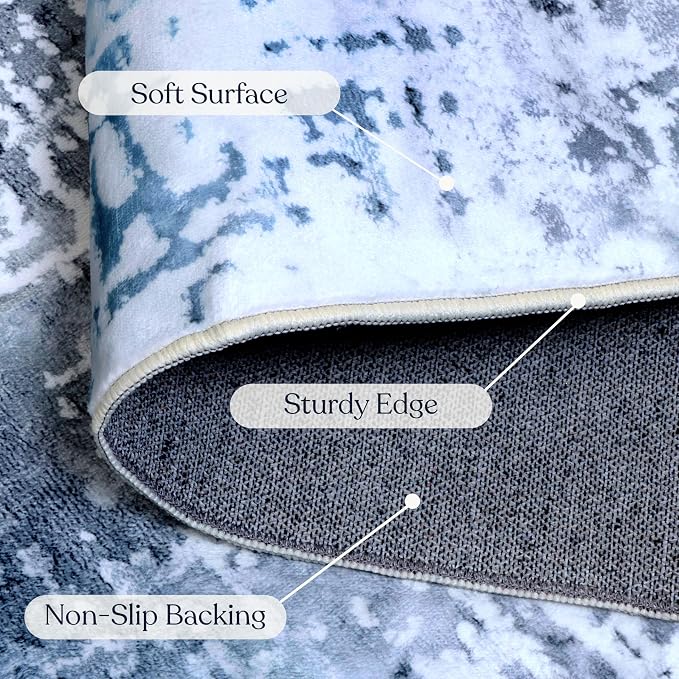 Machine Washable Area Rug, Soft & Durable, Non-Slip, Stain Resistant Rug for Bedroom, Living Room, Dining Room, High Traffic Areas. (Blue, 2.5' X 10')