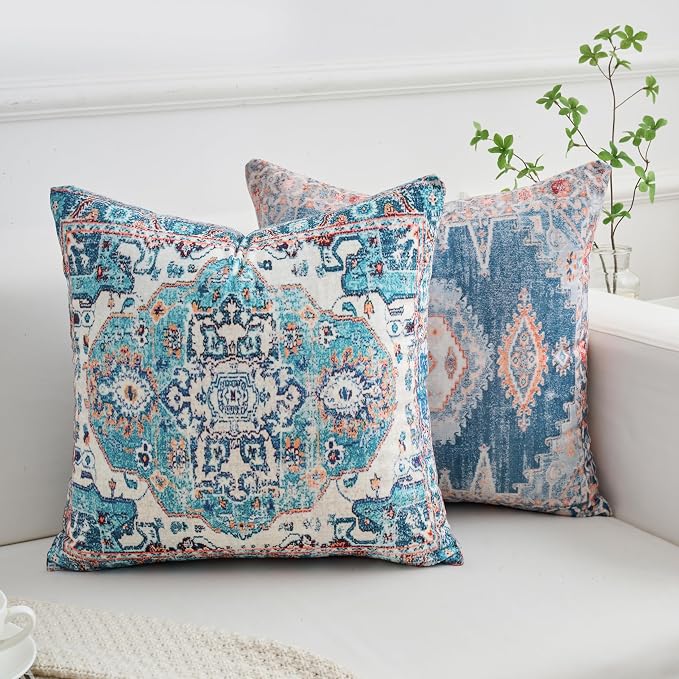 Set of 4 Vintage Blue Floral Throw Pillow Covers 18x18 Inch, Boho Medallion Decorative Pillow Cases Soft Cushion Covers for Couch Bed Living Room Spring Summer Decor