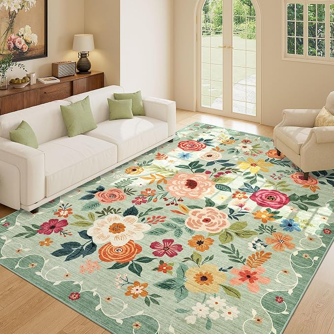 DUKINO 6x9 Area Rugs, Floral Washable Rug for Bedroom Non Slip, Green | Soft, Low Pile, Large Indoor Rug for Living Room, Dining Room, Kids Room, Office, Pet Friendly, Home Decor, Stain Resistant