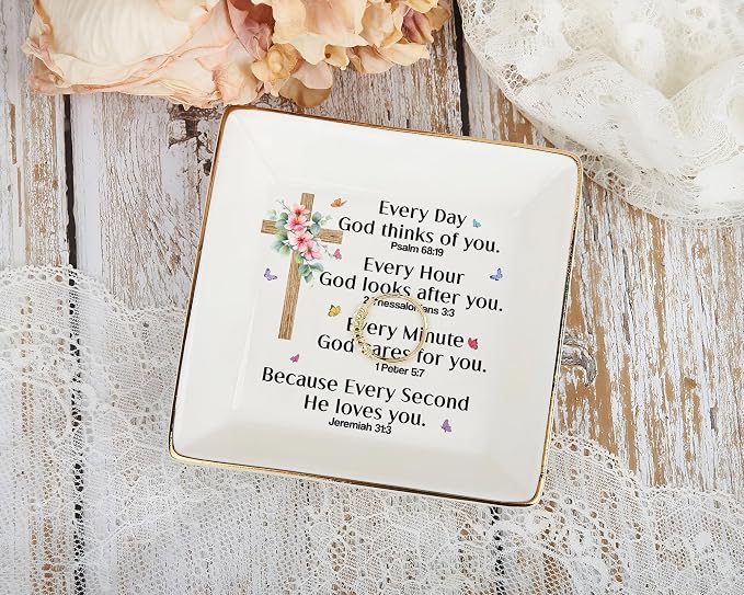 Christian Bible Verse Prayers Jewelry Dish Gift for Women, 4" Ceramic Jewelry Tray, Christian Inspiration Gifts - Mother's Day, Birthday, Religious Gift - Communion, Confirmation Gifts for Daughter