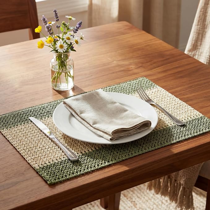 Artoid Mode Dark Green Paper Woven Farmhouse Stripe Placemats Set of 4,12x18 Inch Seasonal Holiday Table Mats Party Kitchen Dining Decoration