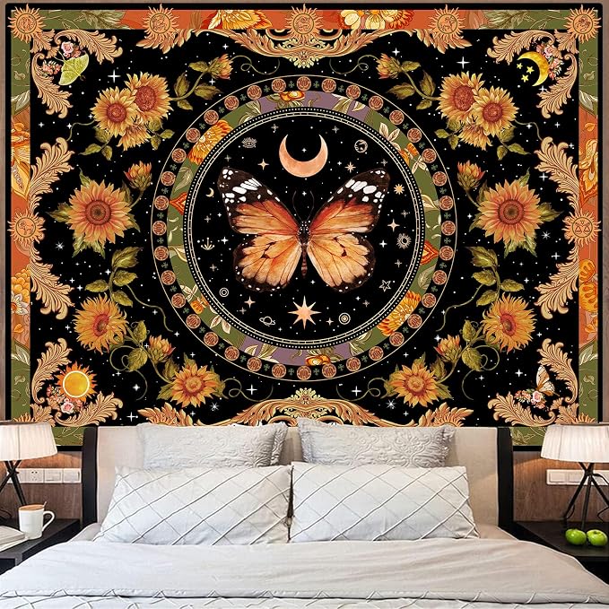Accnicc Butterfly Floral Tapestry Vintage Indie Boho Flower Tapestries for Bedroom Aesthetic Retro Yellow Sunflower Moth Tapestry Wall Hanging for Dorm Living Room (48'' × 36'')