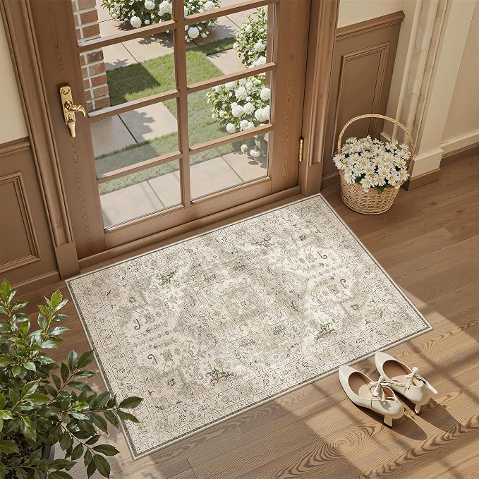 Madane Washable Area Rug 2x3 Small Entryway Rugs Non-Slip, Ivory/Brown | Vintage Stain-Resistant Door Mat Indoor Entrance, Low Pile Floor Carpet for Inside Front Bedroom Kitchen Entry Laundry, Stair
