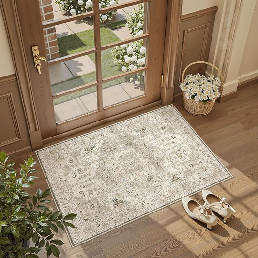 Madane Washable Area Rug 2x3 Small Entryway Rugs Non-Slip, Ivory/Brown | Vintage Stain-Resistant Door Mat Indoor Entrance, Low Pile Floor Carpet for Inside Front Bedroom Kitchen Entry Laundry, Stair