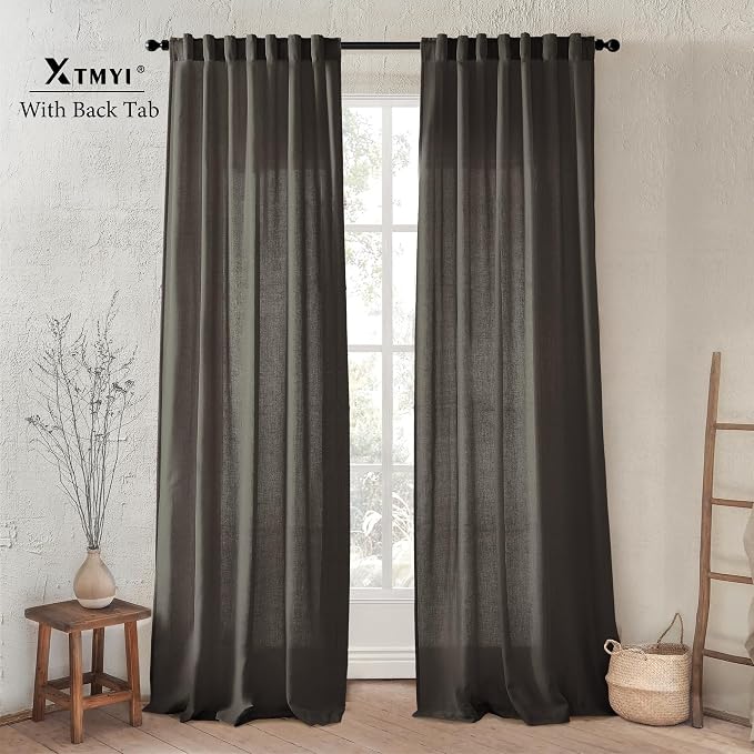 XTMYI Chocolate Brown Curtains 96 Inches Long 2 Panel Set,Sheer Linen Pleated Back Tab Window Drapes Curtains for Living Room 96 Inch Length,Dark Brown