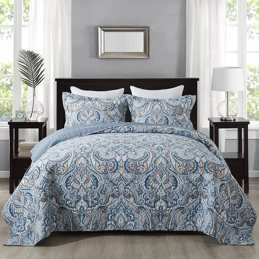 NEWLAKE Cotton Bedspread Quilt Sets-Reversible Patchwork Coverlet Set, European Grey Floral Pattern, Queen Size