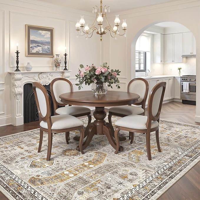 Madane 6x9 Area Rugs for Living Room, Vintage Washable Rug, Brown/Gold | Stain Resistant Floor Carpet With Non-Slip Backing For Bedroom, Dining Bedroom And Office, Soft Low-Pile Home Decor Mat