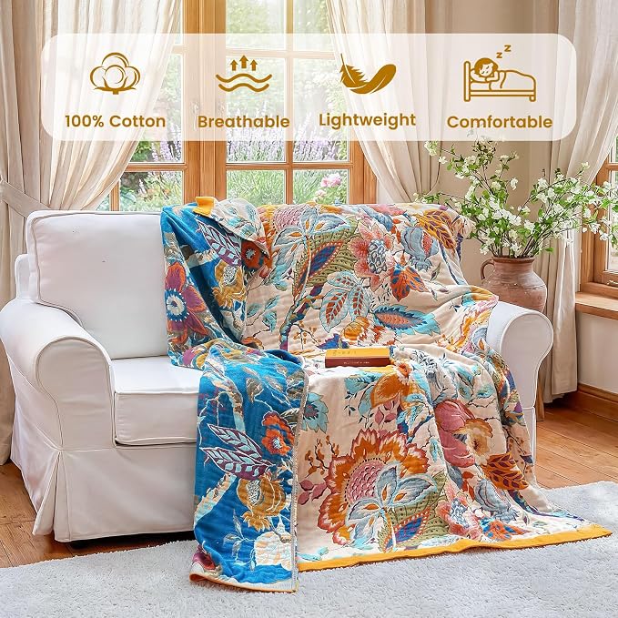 MSGKV Boho Throw Blanket 90"x90" Summer Cotton Floral Blanket for Couch | 100% Cotton Muslin, Floral Throw Blanket, Reversible Weave, Soft & Breathable, Everyday Home Comfort, Machine Washable