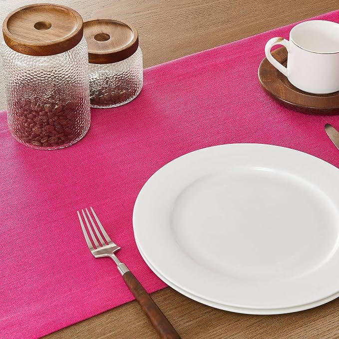 ZeeMart Linen Textured Border Table Runner, 14 x 90 Inch Hot Pink | Mitered Corner Design, Medium Weight Fabric, Modern Farmhouse Style, Machine Washable Easy Care Everyday Table Scarf