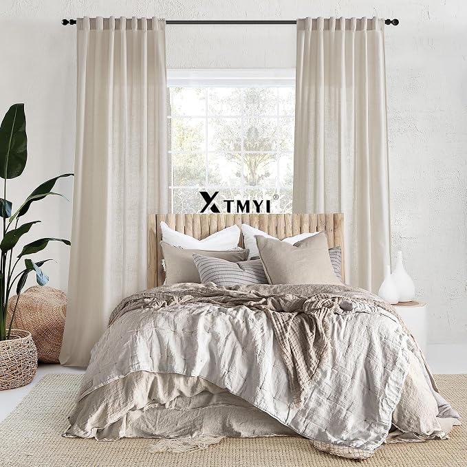 XTMYI 70 Inches Wide Country Curtains for Living Room,Sheer Linen Shabby Chic Curtains for Bedroom Oatmeal 108 Inches Long