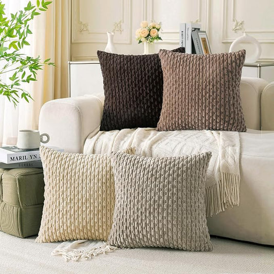 Set of 4 Beige Brown Coffee Decorative Throw Pillow Covers 24x24 Inch Corduroy Pillow Covers for Bed Couch Sofa Living Room Soft Square Cushion Cases