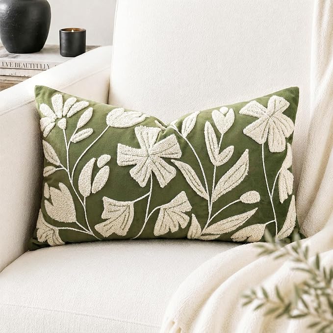 BlissBlush Decorative Lumbar Pillow Cover 12x20 Inch, Olive Green Floral Tufted Velvet Accent Pillow Case for Sofa Bed Living Room, Cover Only