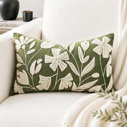 BlissBlush Decorative Lumbar Pillow Cover 12x20 Inch, Olive Green Floral Tufted Velvet Accent Pillow Case for Sofa Bed Living Room, Cover Only
