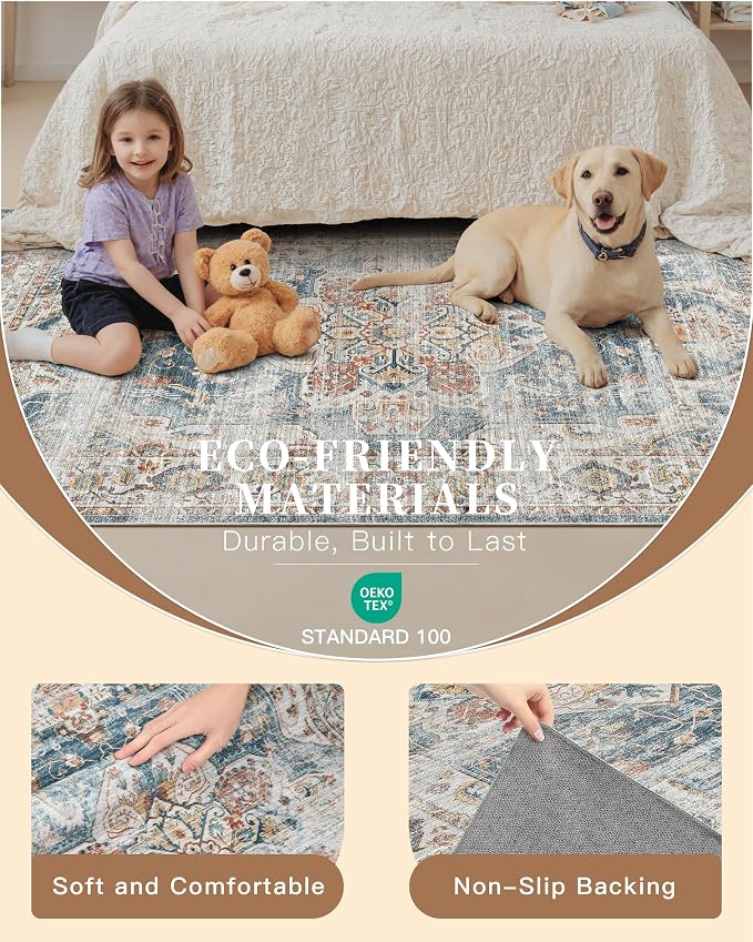 Madane Washable Area Rug 2x3 Small Entryway Rugs Non-Slip, Navy | Vintage Stain-Resistant Door Mat Indoor Entrance, Low Pile Floor Carpet for Inside Front Bedroom Kitchen Entry Laundry, Stair