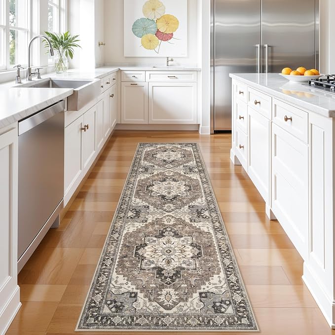 2x8 Washable Hallway Runner Rug - Non-Slip Kitchen Rugs Low Pile Entryway Runners Vintage Soft Carpet Thin Lightweight Indoor Home Decor Floor Mat for Bathroom Laundry Room Bedroom(Beige,2x8)