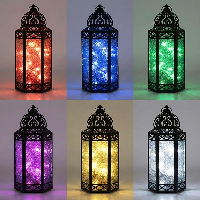 Vela Lanterns Decorative Indoor Fairy Light Color Changing Candle Holder, L | Diwali Ramadan & Eid Decorations, Fantasy Multicolor Moroccan Decor, Turkish Metal Hanging Lamp, Outdoor, 12" Tall