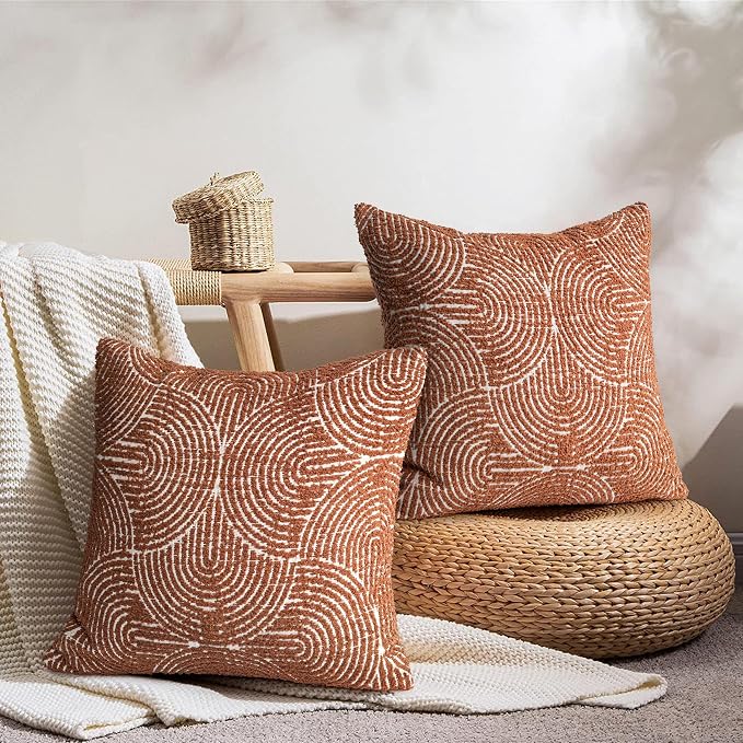 AELS Boho Decorative Textured Throw Pillow Covers 18x18, Organic Modern Mid Century Rainbow Tufted Pillow Case, Farmhouse Rustic Geometric Woven Cushion Case for Bed Couch Sofa, Burnt Orange
