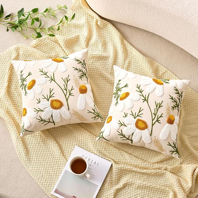 Embroidered Throw Pillow Covers Boho Farmhouse Daisy Tufted Pillow Covers Floral Decorative Couch PillowCases 20x20 Cottagecore Square Cushion Cover Set of 2 for Living Room Couch Sofa Bed Home Decor