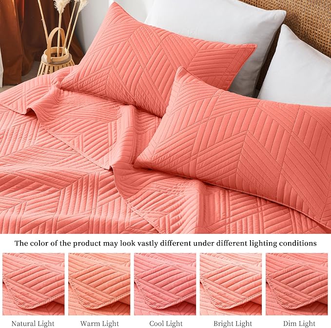 Davulos Twin Quilt Set,Coral Lightweight Reversible Bedspread for All Seasons,Soft Modern Microfiber Geometric Coverlet for Dorm Room or Guest Bedroom(1 Quilt,1 Pillow Sham)