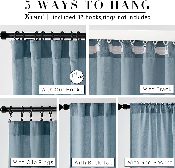 XTMYI Dusty Blue Curtains 63 Inches Long for Bedroom,Light Filtering Country Vintage Hooks Pleated Back Tab Semi Sheer Linen Curtains for Living Room 2 Panels Set,Grey Stone Blue