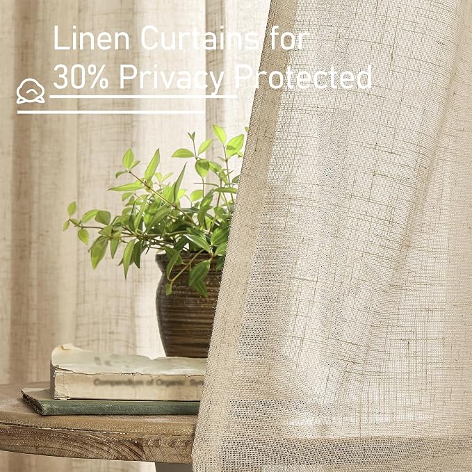 Semi Sheer Linen Curtains 54 Inch Length 2 Panels, 52 x 54 Inch | Brown, Light Filtering Panels, Linen Textured, Neutral Drapes for Kitchen Window, Bedroom, Dining Room, Rod Pocket Back Tab