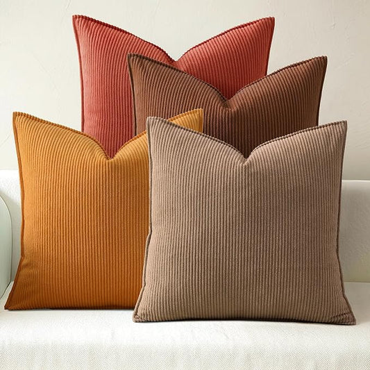 Pack of 4 Throw Pillow Covers Corduroy 18x18 Inch,Maillard Tones | Decorative Velvet Couch,Summer Cases Square,Farmhouse Boho Cushion Covers for Sofa Bed Living Room Home Decor & Office
