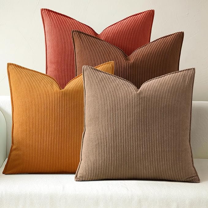 Pack of 4 Throw Pillow Covers Corduroy 20x20 Inch,Maillard Tones | Decorative Velvet Couch,Summer Cases Square,Farmhouse Boho Cushion Covers for Sofa Bed Living Room Home Decor & Office