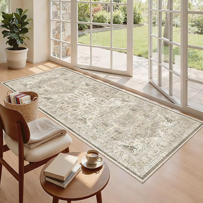 Madane Washable Runner Rug 3x6 Runners for Hallways Non Slip, Ivory/Brown | Vintage Stain-Resistant 6 Feet Kitchen Rug, Soft Low-Pile Ultra-Thin Floor Carpet Mat for Bathroom Laundry Room Bedroom 2x6ft