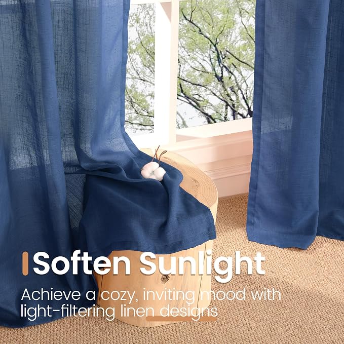 BGment Linen Navy Blue Curtains 96 Inches Long for Living Room 2 Panels Set, Semi Sheer Window Drapes Floor Length Light Filtering for Bedroom Dining with Rod Pocket Lightweight, Each 52 Inch Wide