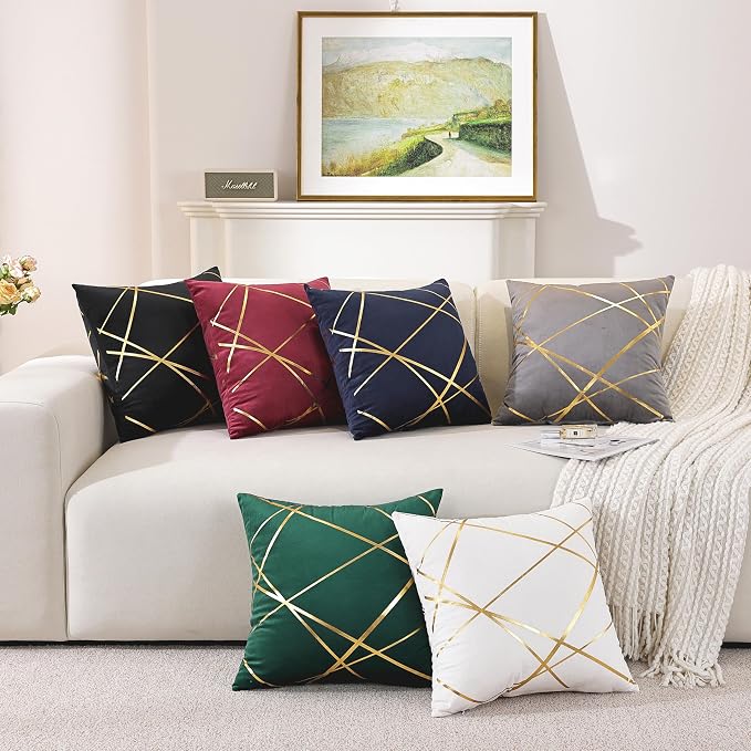 Gyulin Pack of 2 Velvet Throw Pillow Covers 18x18 Inch - Aqua Green Gold Foil Geometric Cushion Cases, Modern Luxury Sofa Bedroom Living Room Home Decor