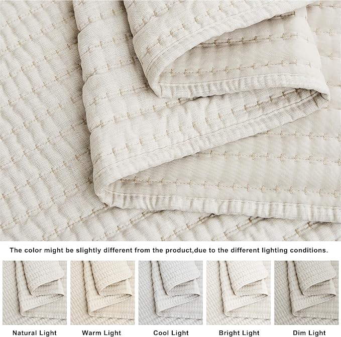 WDCOZY Beige Pick Stitch Twin Size Quilt Set, Striped Lightweight Soft Summer Spring Bedspread, Bamboo Linen Like Textured Coverlet, Chambray Farmhouse Country Rustic Bedding, Netural Thin Comforter
