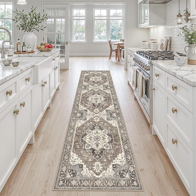 RUUGME Runner Rug 2'6x10 Washable: Non-Slip Boho Runner Rugs for Kitchen Hallway Entryway Soft Low Pile Ultra Thin Carpet Vintage Distressed Home Decor for Bathroom Laundry Room (Beige,2'6''x10')