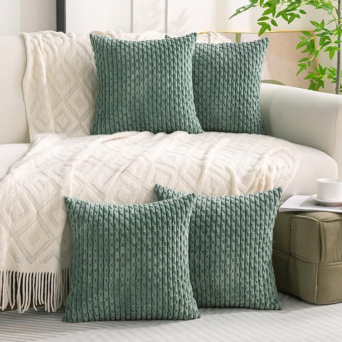 Set of 4 Teal Green Decorative Throw Pillow Covers 18x18 Inch Corduroy Pillow Covers for Bed Couch Sofa Living Room Soft Square Cushion Cases