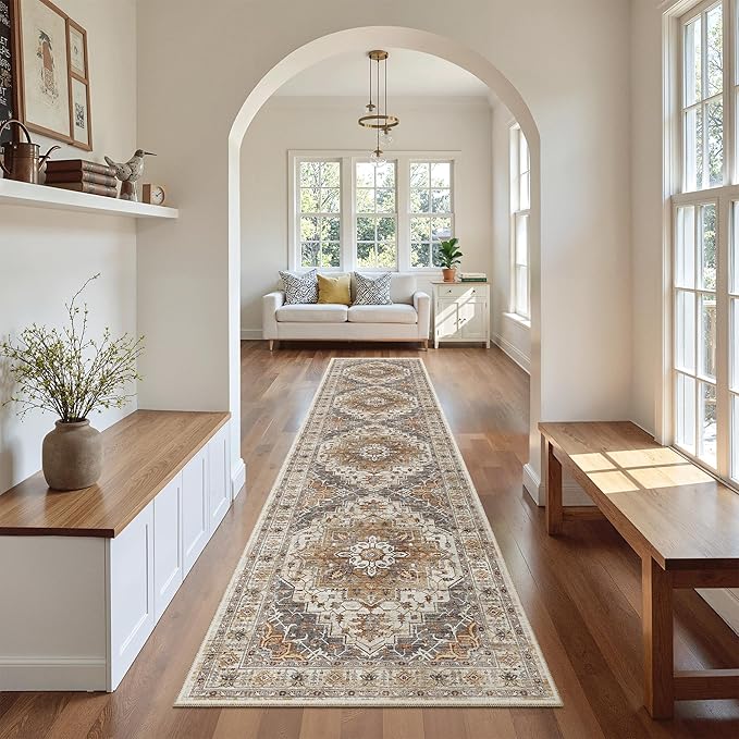 Madane Washable Runner Rugs 2x10 Long for Hallway Kitchen, Turmeric/Grey | Non-Slip Low-Pile 10ft Rug Runners Soft, Stain-Resistant Floor Carpet Mat for Entrance, Living Dining Laundry Room, Stair