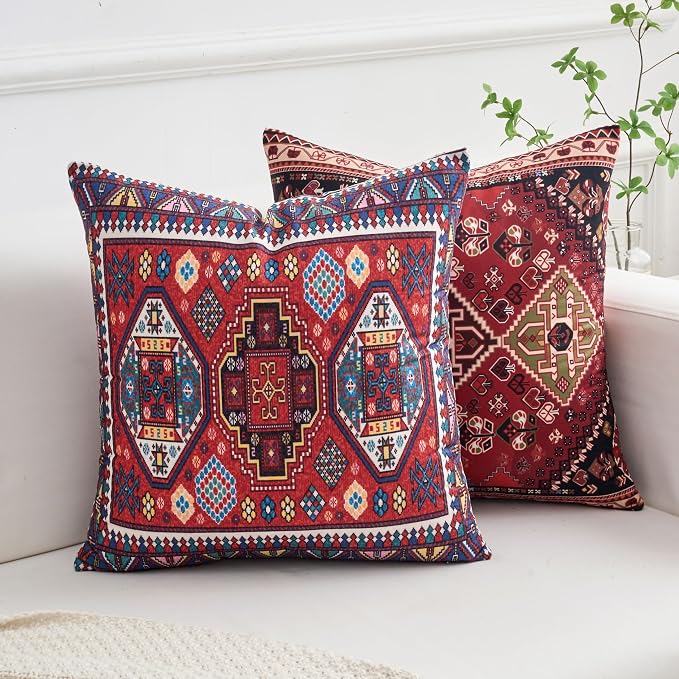 Set of 4 Boho Throw Pillow Covers 18x18 Inch Red Kilim Tribal Decorative Pillow Cases for Couch Bed Living Room Spring Summer Decor