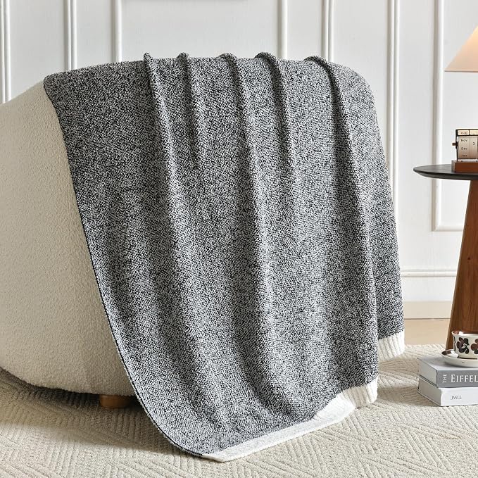 Chunky Knit Boucle Throw Blanket, Soft Washable Coastal Blanket for Bed Couch, Lightweight Cozy Oversized Feather Knit Blanket Indoor Outdoor for Sofa (Black, Twin 60"x80")