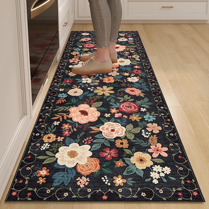 DUKINO 2.6x8 Runner Rug, Washable Runner Rug for Hallway Non Slip, Black | Low Pile, Soft, Floral Indoor Rug for Kitchen, Entryway, Bedroom, Bathroom, Pet Friendly, Stain Resistant, Modern Home Decor