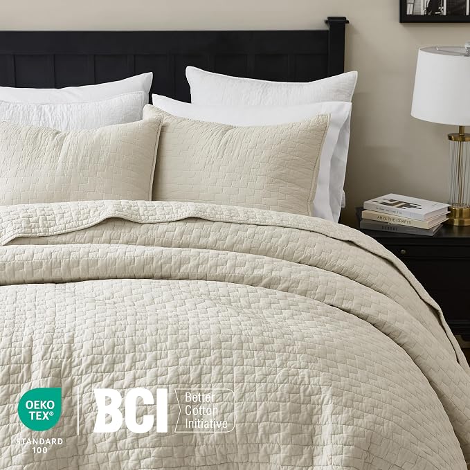 palassio Beige 100% Cotton Quilt King Size Bedding Sets with 2 Pillow Shams, Textured Lightweight Soft Bedspread Shabby Chic Coverlet, Neutral Quilted Comforter Bed Cover for All Season, 3 Pieces