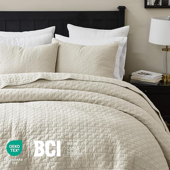 palassio Beige 100% Cotton Quilt Queen Size Bedding Sets with 2 Pillow Shams, Textured Lightweight Soft Bedspread Shabby Chic Coverlet, Neutral Quilted Comforter Bed Cover for All Season, 3 Pieces