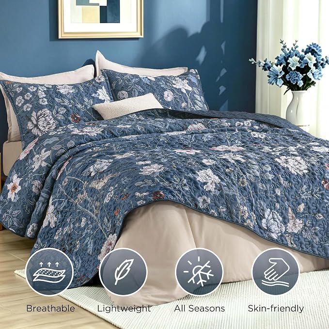 Litanika Floral Navy Quilt Queen - 3Pcs Botanical Birds Bedding Set | Blue Bedspread Summer Lightweight Soft Coverlet for All Seasons (96"x90")