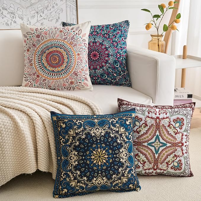 Boho Throw Pillow Covers 18X18 Inch Set of 4 Bohemian Soft Velvet Couch Pillow Cases Farmhouse Decorative Pillow Covers for Sofa Living Room Bedroom Outdoor Patio Porch