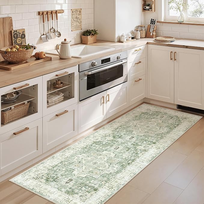 Madane Washable Runner Rug 2x6 Runners for Hallways Non Slip, Green/Ivory | Vintage Stain-Resistant 6 Feet Kitchen Rug, Soft Low-Pile Ultra-Thin Floor Carpet Mat for Bathroom Laundry Room Bedroom 2x6ft