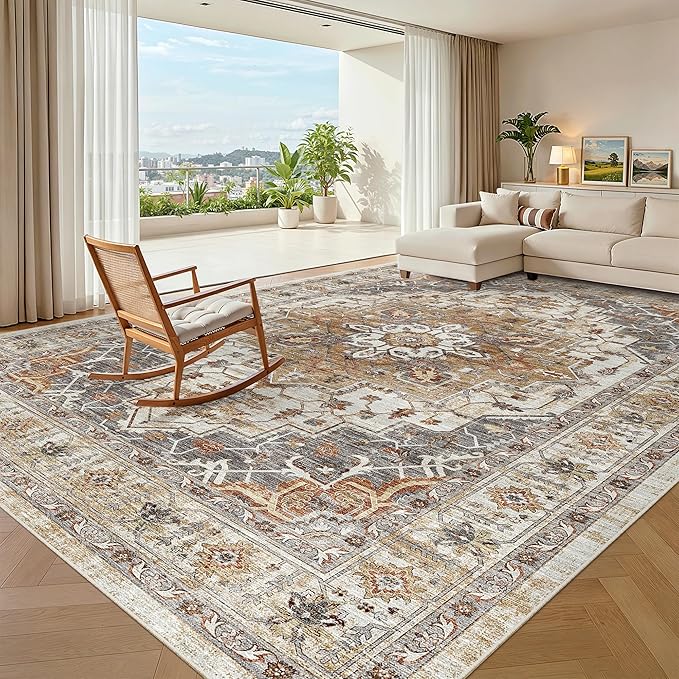 Madane 8x10 Area Rugs for Living Room, Non-Slip Washable Rug, Turmeric/Grey | Ultra-Thin Stain Resistant Vintage Large 8'X10' Carpet, Soft Low Pile Floor Mat For Bedroom Dining Room Office Home Decor