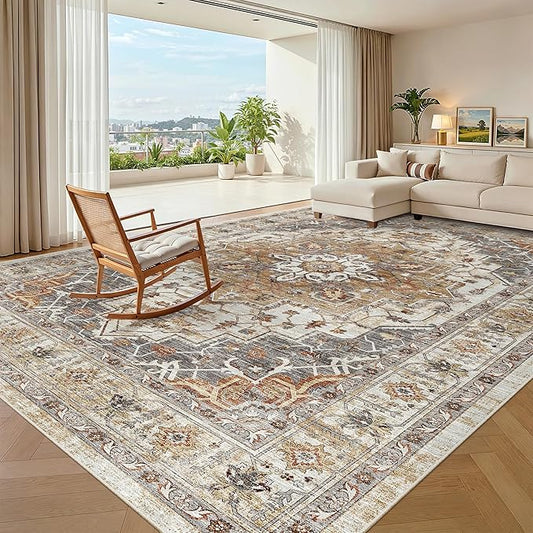 Madane 8x10 Area Rugs for Living Room, Non-Slip Washable Rug, Turmeric/Grey | Ultra-Thin Stain Resistant Vintage Large 8'X10' Carpet, Soft Low Pile Floor Mat For Bedroom Dining Room Office Home Decor