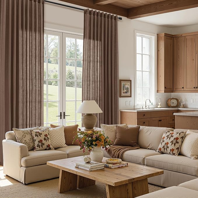 Linen Curtains 90 Inches Long for Living Room Semi Sheer Light Filtering Curtain Back Tab Rod Pocket Neutral Boho Modern Farmhouse Window Drapes for Bedroom 52x90 2 Panels Caramel Brown