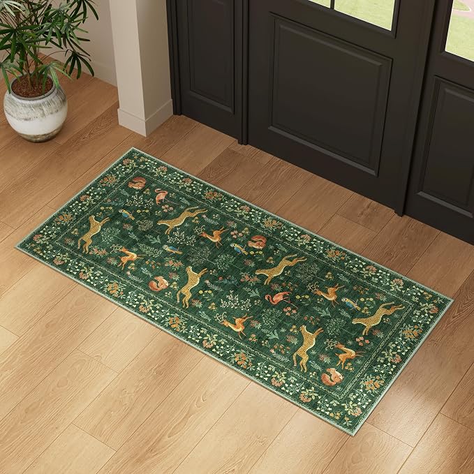 DUKINO 2x4 Rug for Entryway, Animal Washable Runner Rug for Kitchen, Green | Non Slip, Low Pile, Stain Resistant Thin Indoor Carpet for Hallway, Bedroom, Bathroom, Laundry, Pet Friendly, Non-Shedding